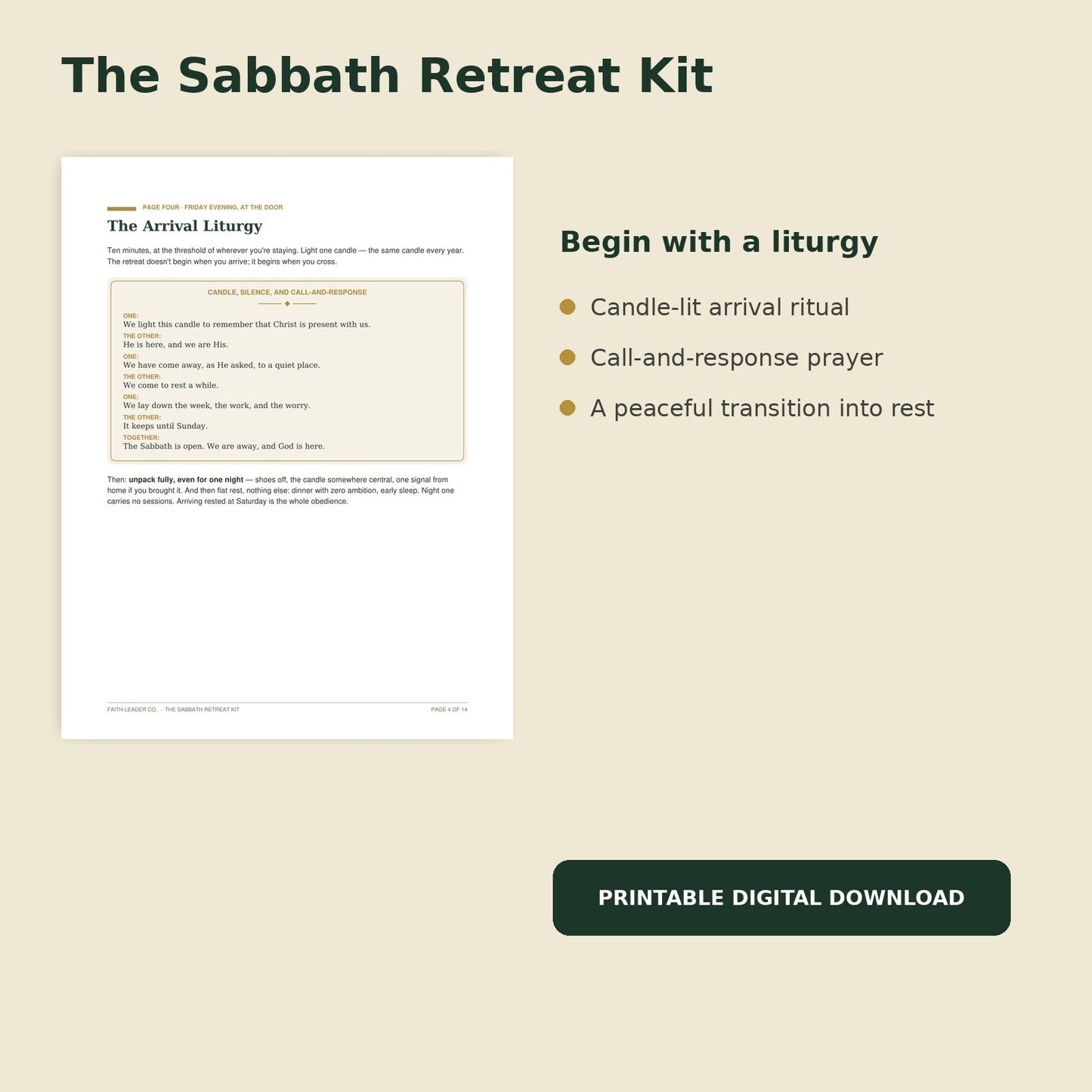 Arrival liturgy page preview from The Sabbath Retreat Kit