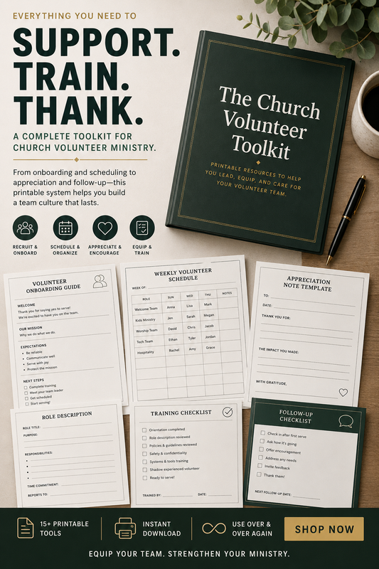 Church Volunteer Toolkit preview showing scheduling, onboarding, training, follow-up, and appreciation resources