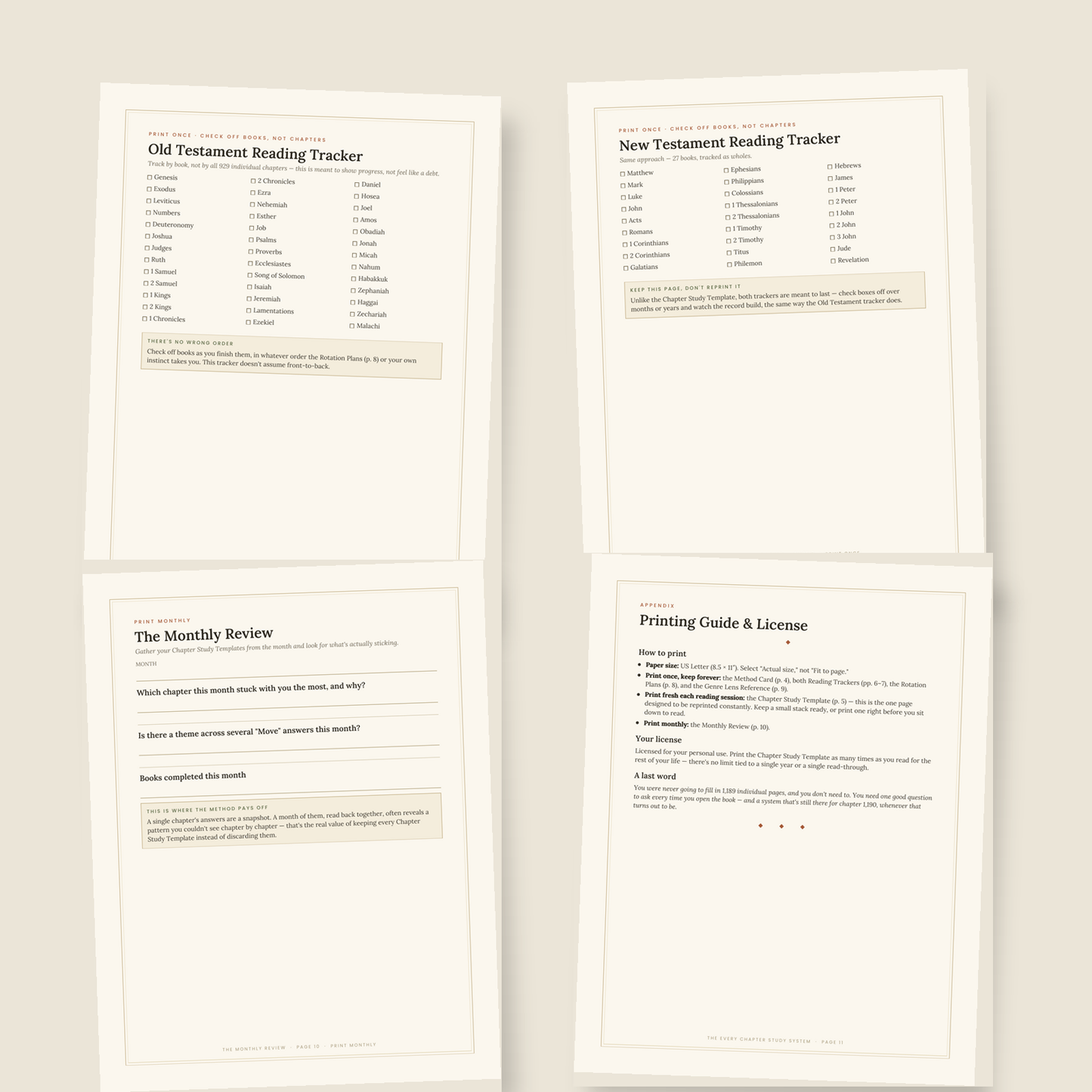 Interior preview of the Bible reading trackers monthly review and printing guide