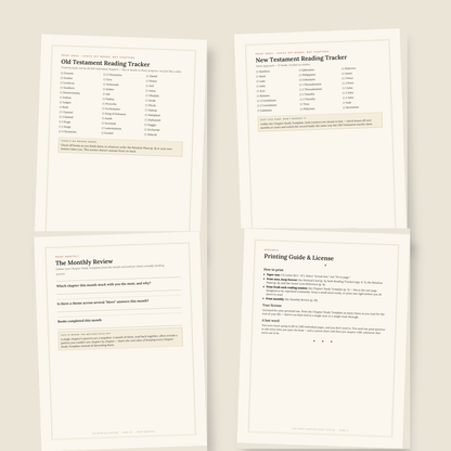 Interior preview of the Bible reading trackers monthly review and printing guide