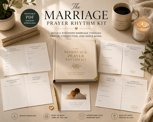 Marriage Prayer Rhythm Kit preview showing weekly prayer planning, shared prayer pages, answered prayer tracking, Scripture reflection, and gratitude tools