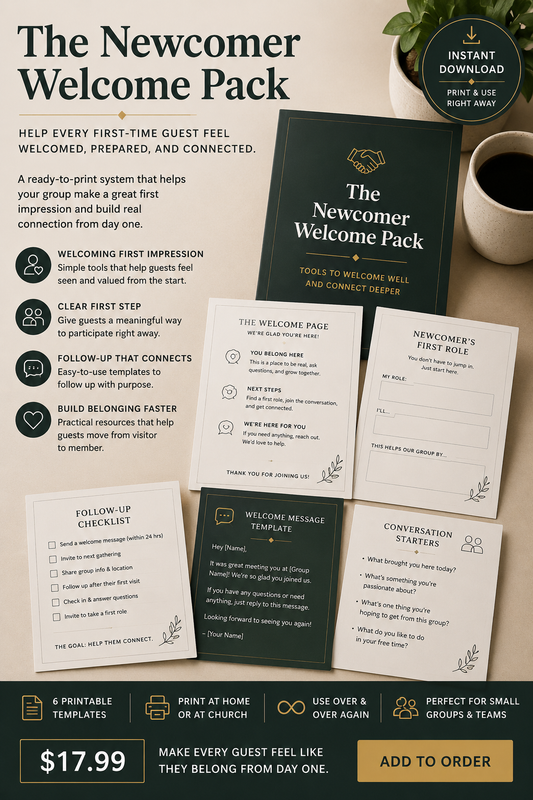 Newcomer Welcome Pack preview showing the welcome page, first role slip, follow-up checklist, message template, and conversation starters