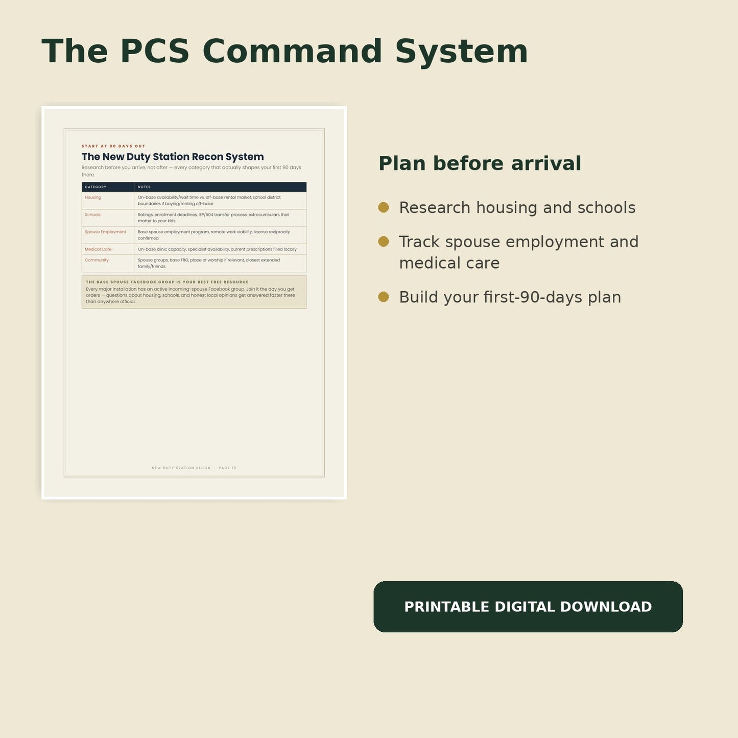New duty station planning page preview from The PCS Command System