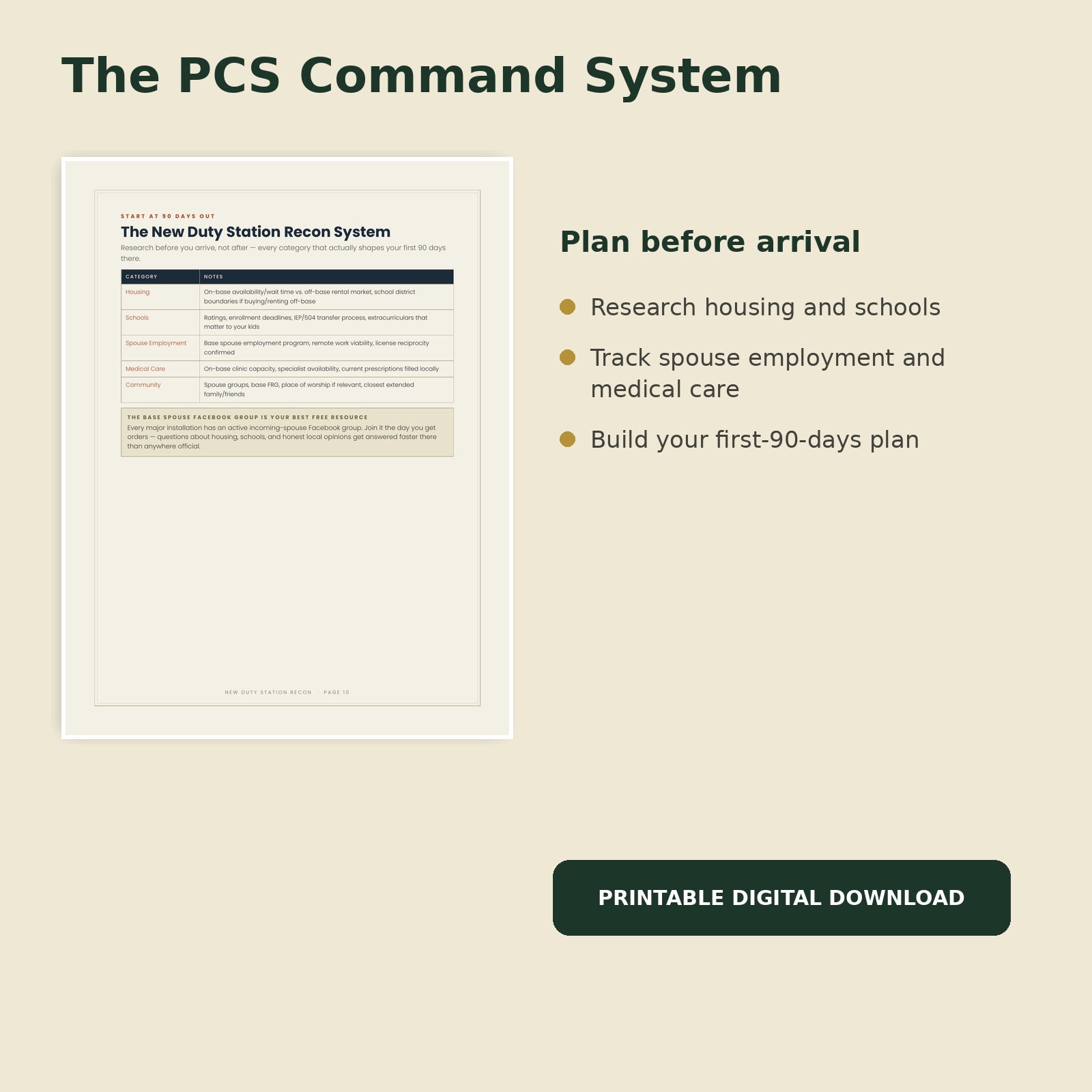 New duty station planning page preview from The PCS Command System